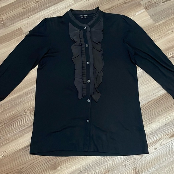 Theory Silk Ruffle trim Pima Cotton Blouse Black Size S Revolve Designer - Picture 2 of 11
